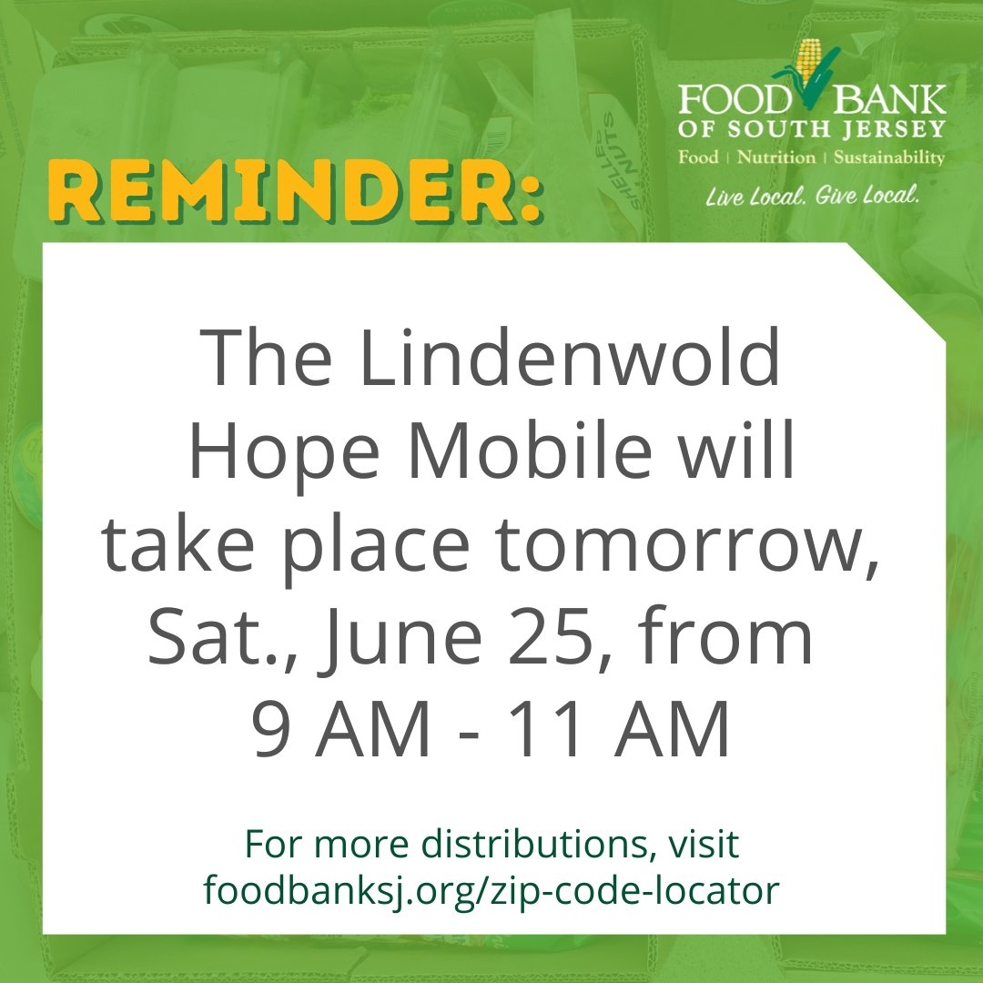 foodbankSJ's tweet photo. Need food assistance? Our mobile food pantry at the Lindenwold Station parking lot, 901 N Berlin Road, Lot #1, Lindenwold, 08021, takes place tomorrow, Sat. June 25. The event runs from 9:00 a.m. to 11:00 a.m.

#findfood #bettertogether #patcocares #foodbankforsouthjersey #fbsj https://t.co/0YtjYo7Hx2