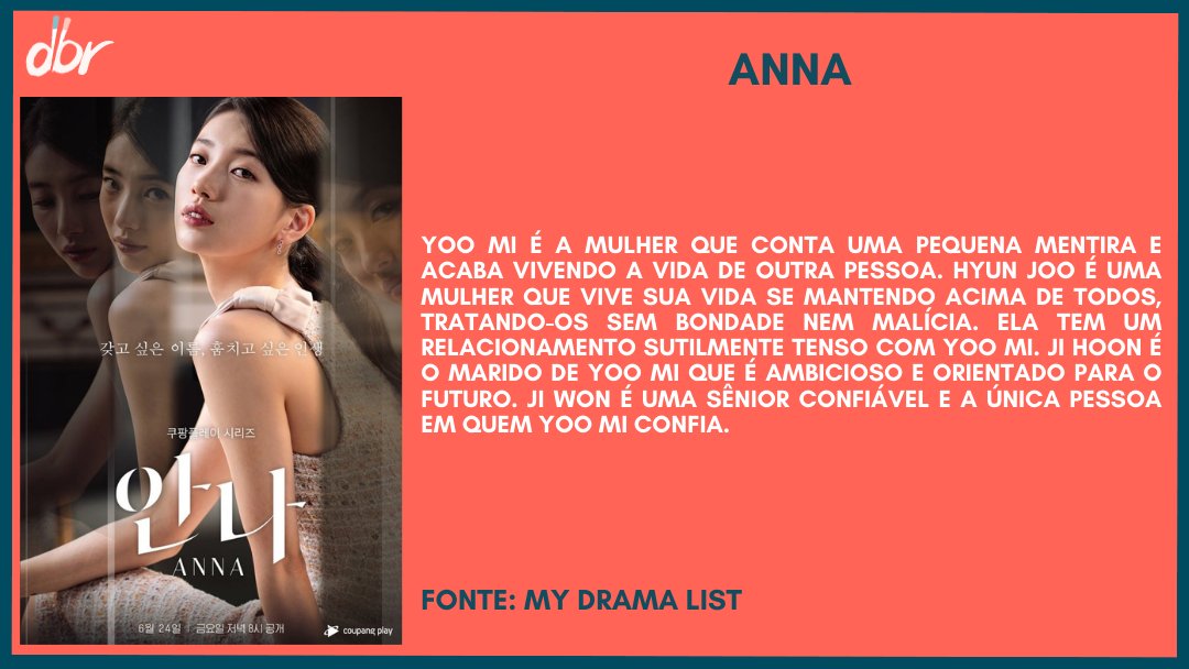DramalandBR's tweet photo. Anna (#Anna / #TheSecondAnna)
País: Coreia do Sul
Episódios: 8
Dias de exibição: Sexta
Gênero: Suspense, Drama
Elenco: Bae Suzy, Jung Eun Chae, Kim Joon Han, Park Ye Young https://t.co/4dmAGd0oSB