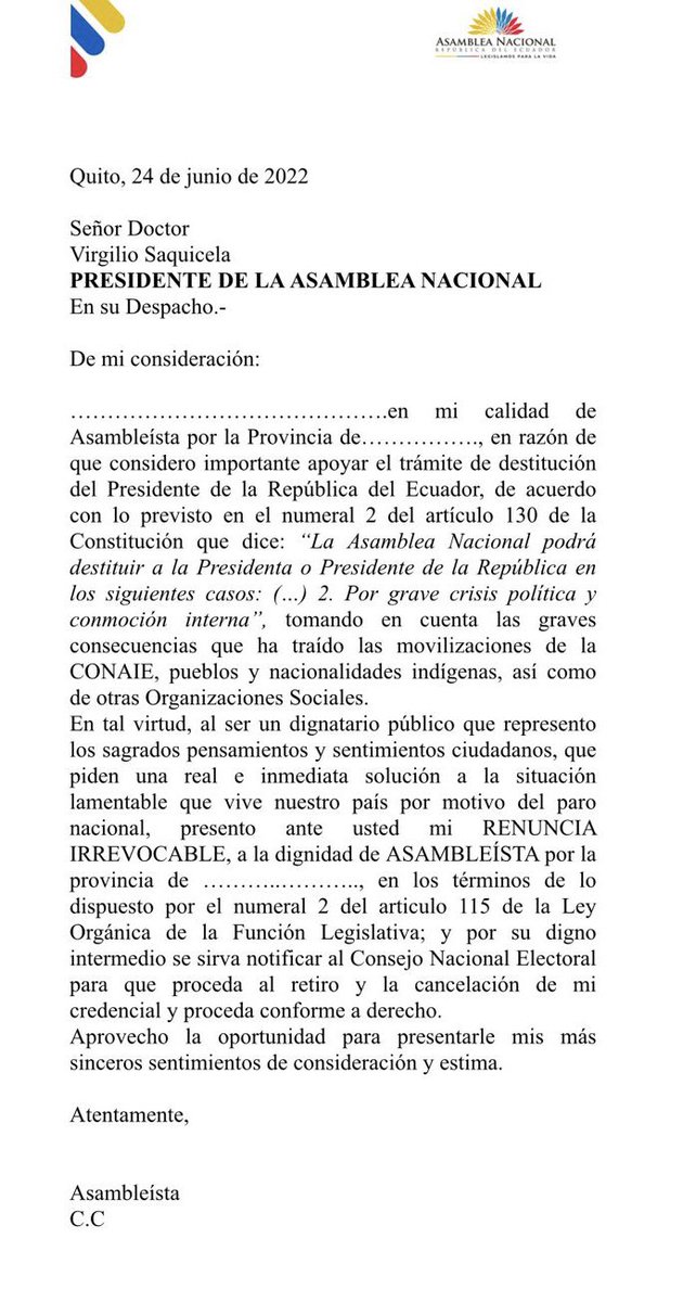 Ricardo_Vanegas's tweet photo. Es más, les facilito el trámite. ✍🏻 Adjunto el modelo para que procedan formalmente @BancadaUNESec, y no como lo han hecho hasta ahora, por twitter. 🤦🏻‍♂️ Vayan, renuncien. Y no sigan con sus intentos de desestabilizar al #Ecuador. ¡La democracia se respeta! 🇪🇨#MuerteCruzadaYa https://t.co/kQqXMA3L86