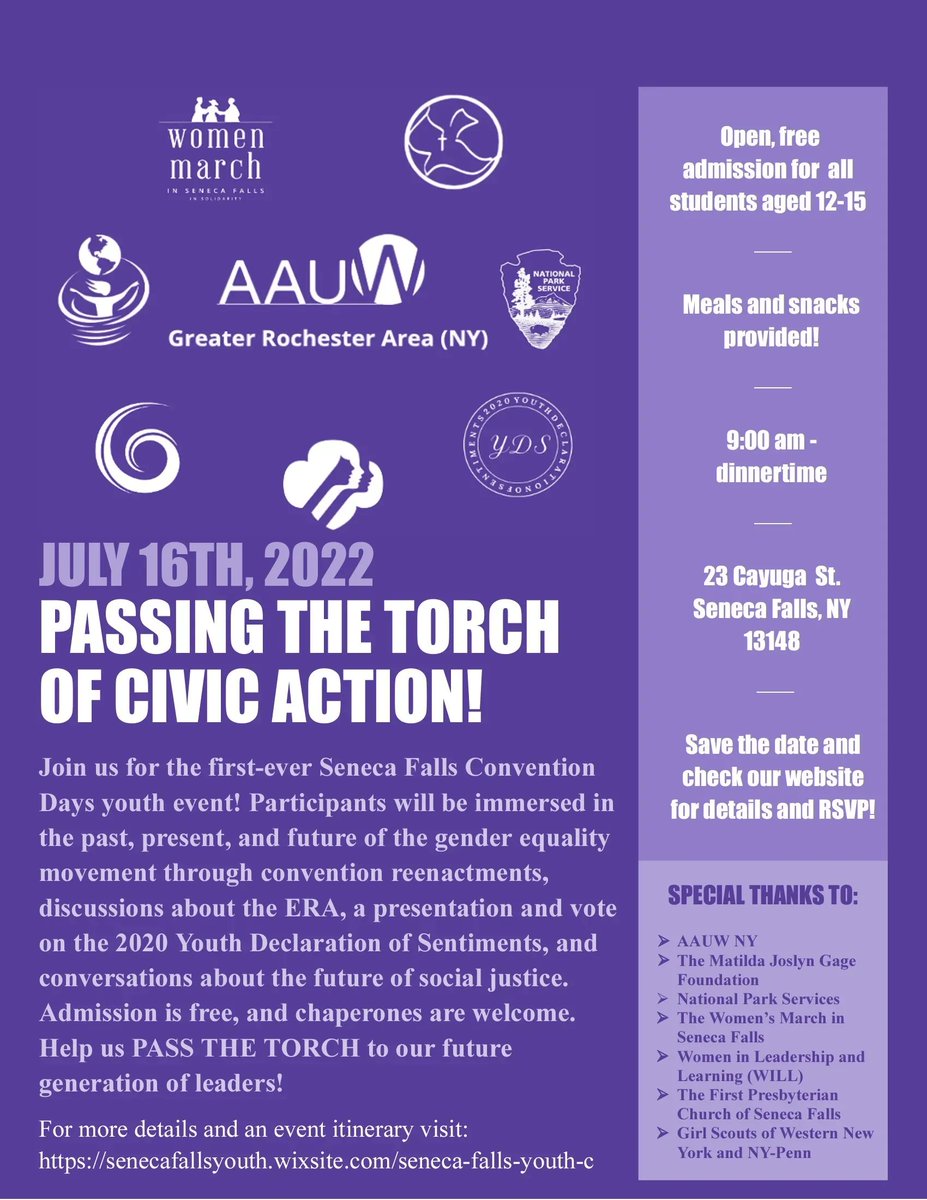 WMSenecaFalls's tweet photo. Join us for the first-ever Seneca Falls Convention Days youth event!
Admission is free, and chaperones are welcome.  Home | Seneca Falls Youth C https://t.co/eC5YfafIbT https://t.co/7bFgYqbZ9E