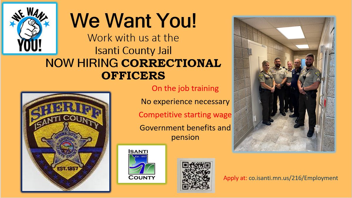 Come join our team! <a href="/IsantiMNSheriff/">Isanti County Sheriff's Office</a> co.isanti.mn.us/216/Employment