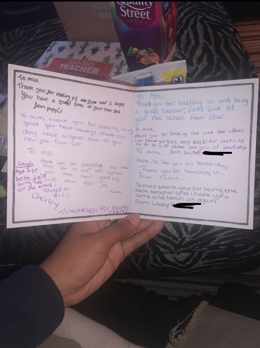 Final PGCE placement complete! Going to miss the PE department and students. Thank you for my lovely cards and gifts, I have had the best time!! ✨💓