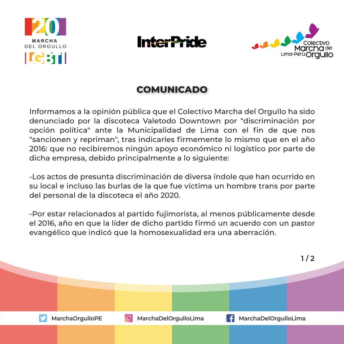 MarchaOrgulloPe's tweet photo. COMUNICADO
Frente a la intención del Valetodo Downtown de silenciar y que sancionen al Colectivo Marcha del Orgullo, nos pronunciamos. #ElOrgulloEnLasCalles 🏳️‍🌈 https://t.co/Af4LEDKd8m