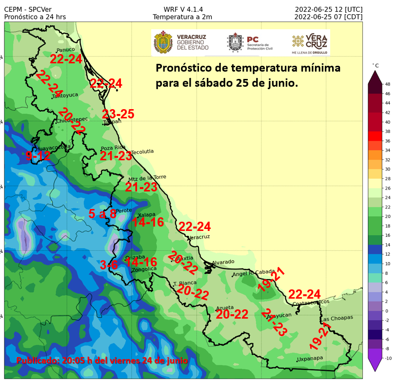 spcver's tweet photo. 🌡Amigas y amigos se espera un amanecer con ambiente fresco a templado. Aquí el pronóstico de temperaturas mínimas para el sábado 25 de junio.👇🏽 https://t.co/WL1NvpT7yA