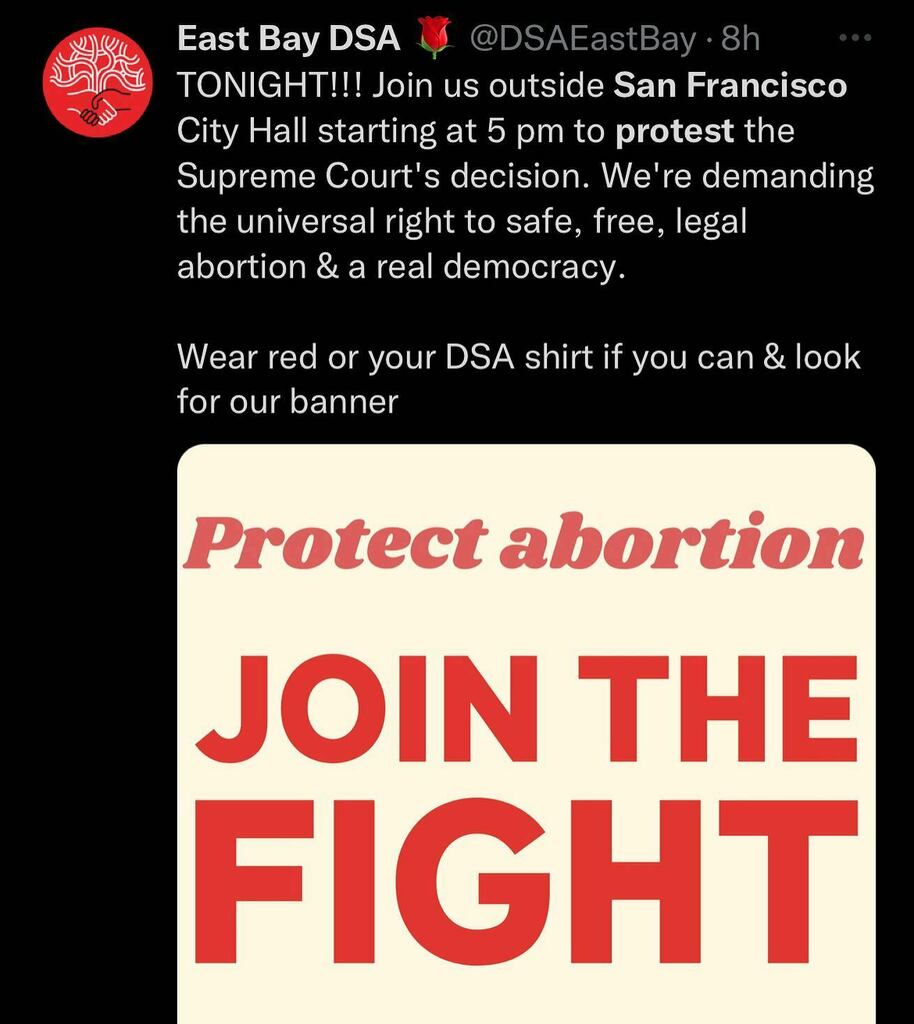 Peacefulli_inc's tweet photo. ROE V WADE PROTEST San Francisco. Find more info @dsaeastbay. #sanfrancisco #bay #sf #eastbay #sfprotest #roevwade Request cities in the comments or DM. #peacefulli https://t.co/MdxO7JUmvI https://t.co/l4wDJ1ePKR