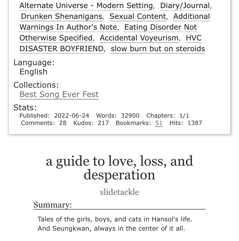🐈💗 a guide to love, loss, and desperation, 32k, friends to lovers slow(ish) burn #verkwan #솔부

🔞 explicit sexual content, warnings for sex between hvc/bsk &amp; other charas &amp; views of bsk's disordered eating. check notes/tags!

written for 
<a href="/SVT1DFEST/">SVT 1D FIC FEST: BEST SONG EVER</a>
 
archiveofourown.org/works/39652452
