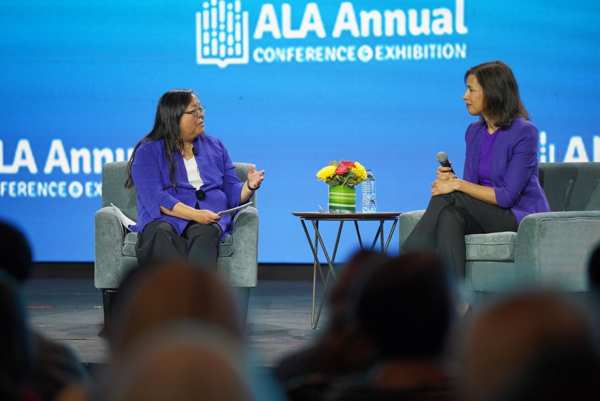 ALAConferences's tweet photo. Did you see the fireside conversation with @VotePattyWong and @JRosenworcelFCC during the #ALAAC22 Opening General Session? If not, full registrants can also view it through the Digital Experience. Visit the Conference Scheduler to watch. https://t.co/OXWpCRZW82