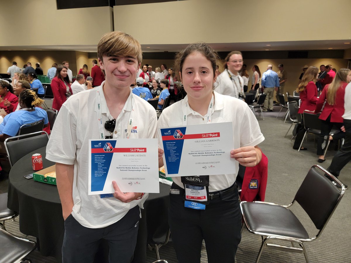 lchs_aoe's tweet photo. Great job Gillian Garrison and Will Laudate!!! 8th in the nation in Mobile Robotics Technology! @lchs_aoe is very proud! We can't wait to see what you two come up with next year!!! @SkillsUSA @leecoschoolsnc @LCHS_Sanford_NC @NAFCareerAcads @PaxPatLearning https://t.co/CjxuBMzBEL