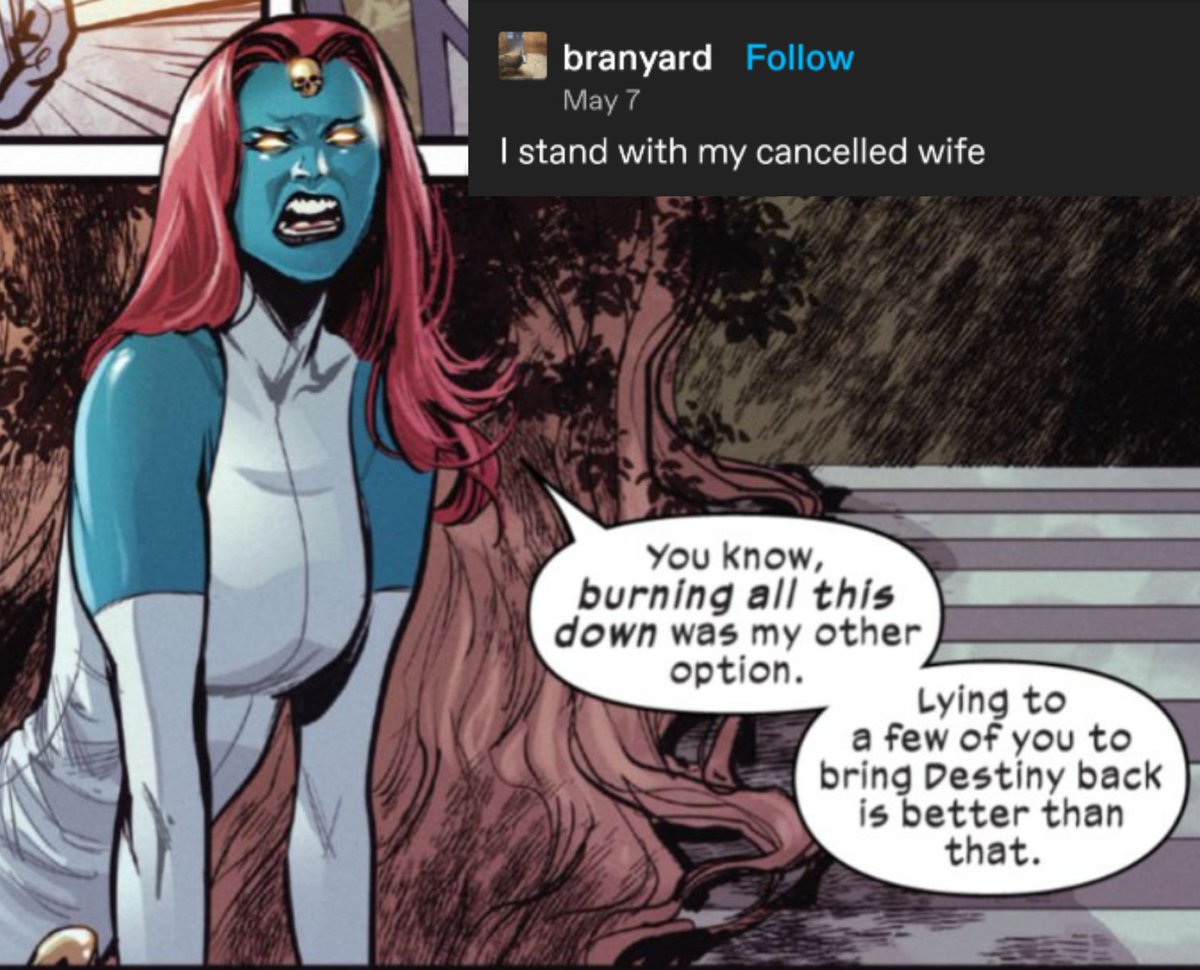 hiruxhoshi's tweet photo. this is just mystique throughout the krakoa era tbh https://t.co/gTXYbRCfip