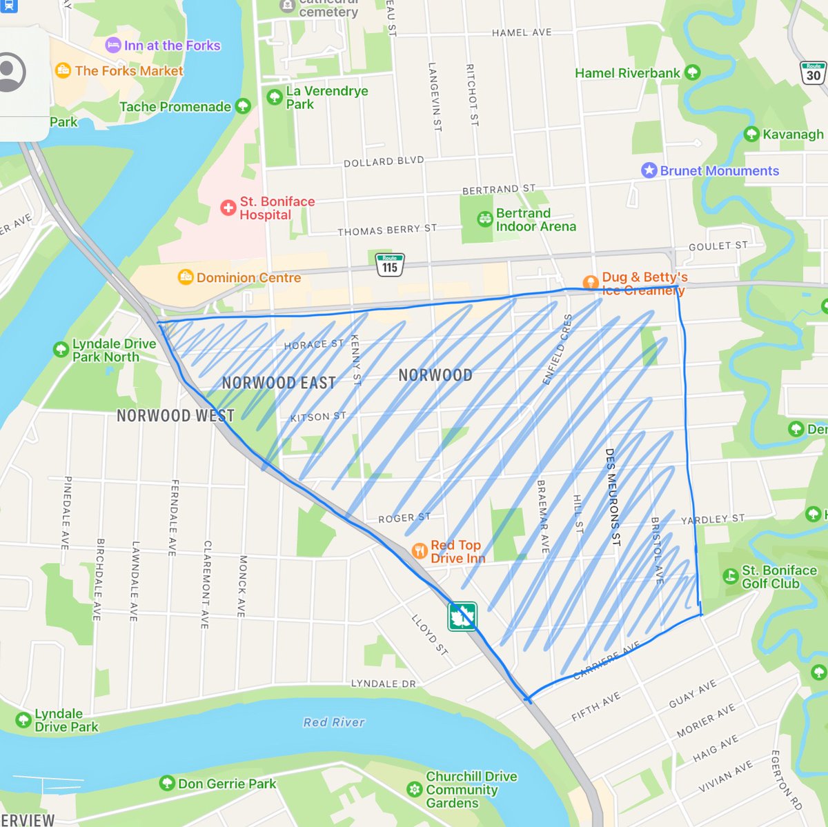 MrPhilCook's tweet photo. How do we make this area 30 km/hr? It’s often used as a shortcut for cars to go between St. Mary’s and Marion.  @mathieuallard @safespeedswpg https://t.co/7kqmnI7JFV