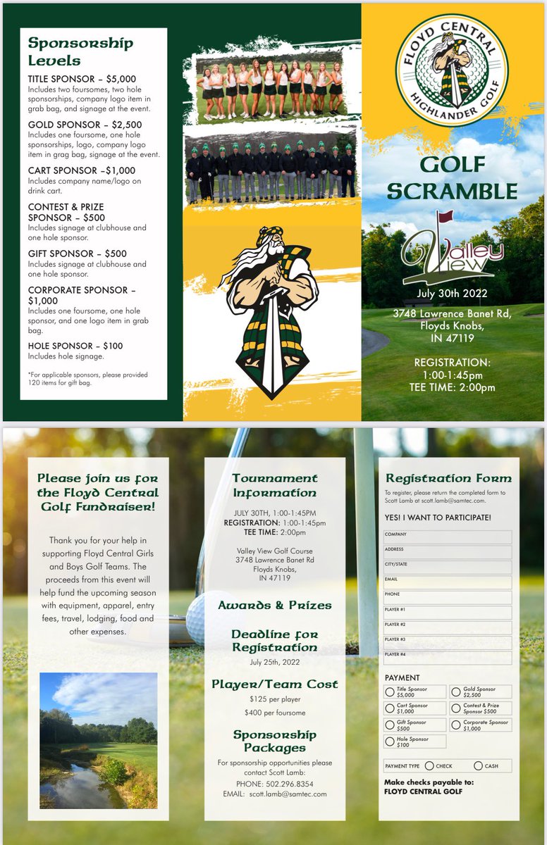 Please build your team and/or sponsorships for the July 30th Golf Scramble, soon. Thank you all for your generosity and support. Go Highlanders!!
