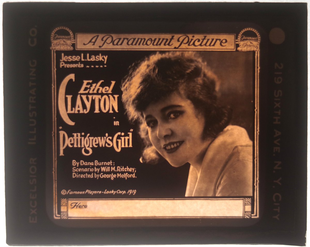 ChadbourneAntiq's tweet photo. 1919 glass slide for Magic Lantern projector, to be shown in movie theatres advertising upcoming Paramount Movie ‘Pettigrew’s  Girl” starring Ethel Clayton. It is a now lost movie.  #USA #history #silentmovie #advertising #magiclantern #paramount https://t.co/k7Kvy3425W