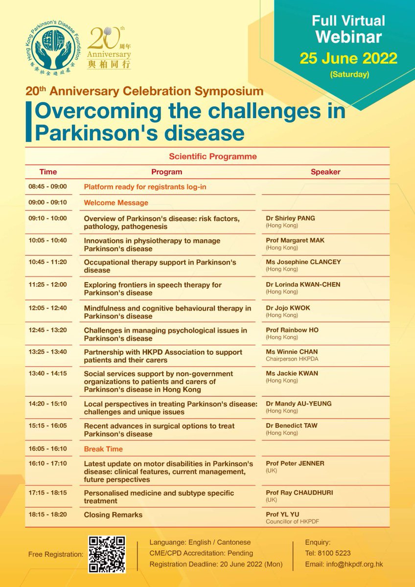 jojoyyk's tweet photo. Join us now: Hong Kong Parkinson’s Disease Foundation 20th Anniversary Celebration Symposium - Overcoming the challenges in #Parkinson’s disease 🙌🏻 #HKPDF #publiceducation #support https://t.co/c6ZgCEg4Mv