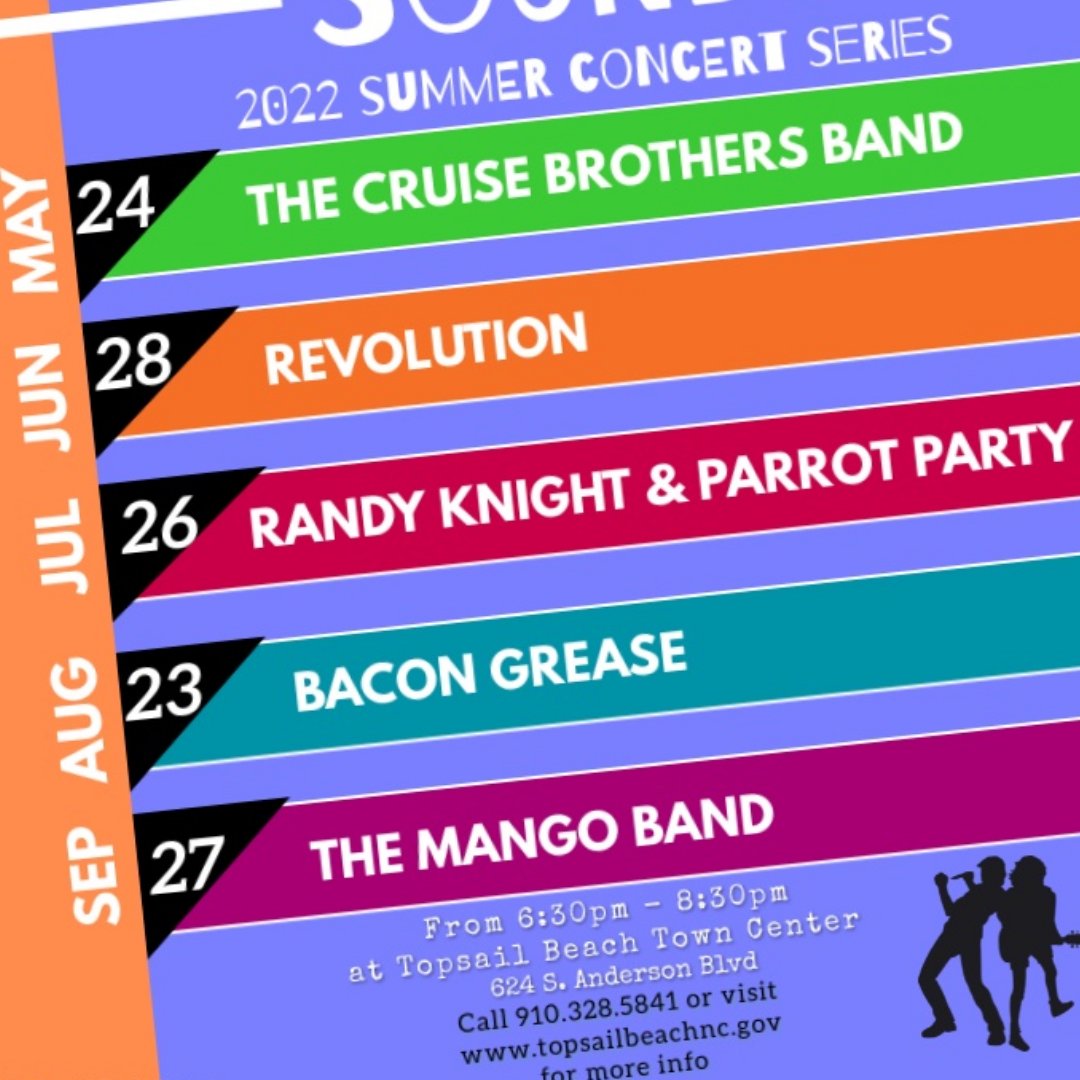 Enjoy live music this Tuesday and each month through September! The tunes start at 6:30 at Topsail Beach Town Center and will feature Revolution.bit.ly/3LDZZwl