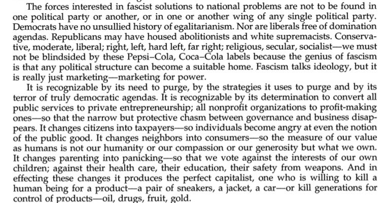 mayascade's tweet photo. i am always heeding toni morrison’s warning in her “racism and fascism” essay: "fascism only talks ideology but it really is just marketing, marketing for power. it’s recognizable by its need to purge, the strategies it uses to purge and its terror of truly democratic goals.” https://t.co/1d44hzaDty