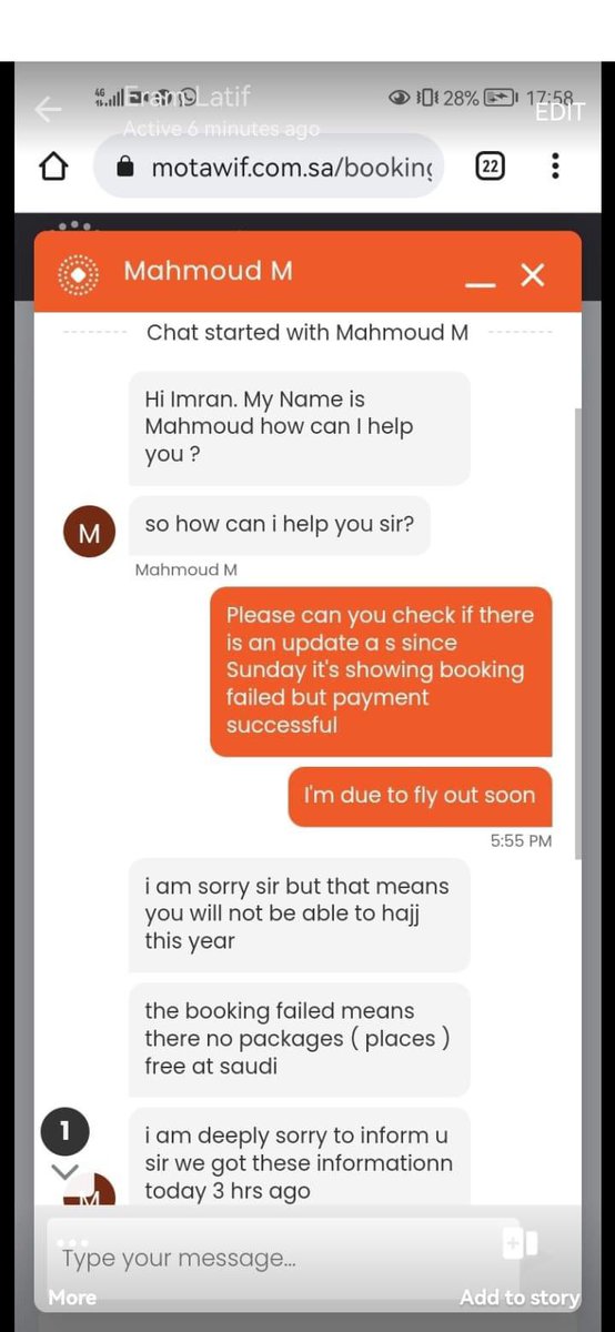 SalsabilAbdull's tweet photo. @Motawif_SA Motawif..does the below chat answer hundreds or thousands of questions regarding ‘successful payment but ‘failed booking’ ????? https://t.co/YyDVaNEufY
