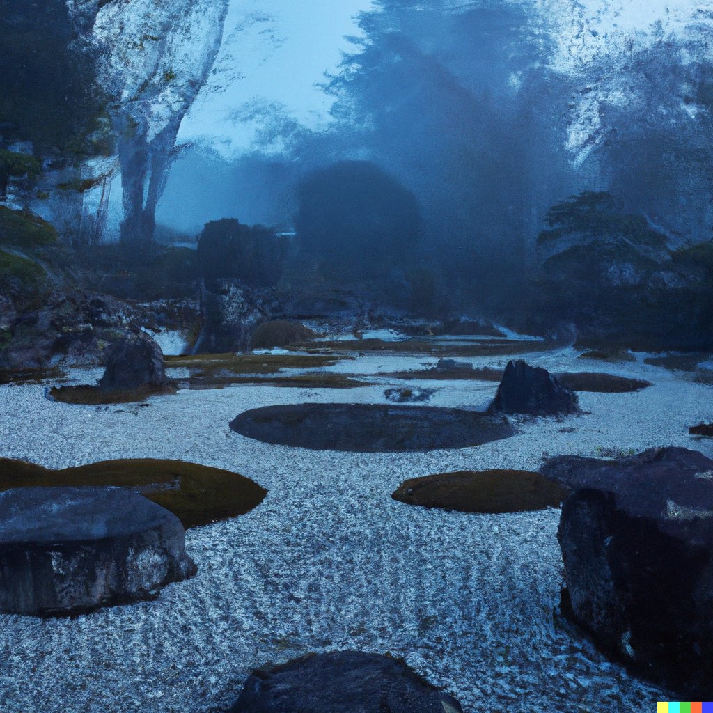gmjp "a misty rock garden at the crack of dawn at a Japanese temple" #dalle