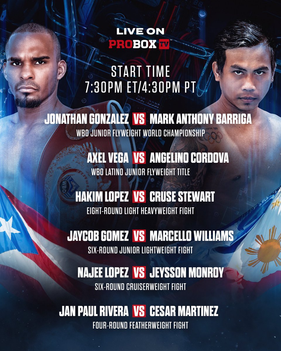 ProBox_TV's tweet photo. RUNNING ORDER 👊📝
If you haven’t subscribed already, make sure you don’t miss tonight’s world title action live on ProBox TV. Sign up now via https://t.co/HFq1fHDTVx 🫵📺
#boxing #boxeo #proboxtv #puertorico #phillipines #usa #world #championship https://t.co/cbsOCjL5Go