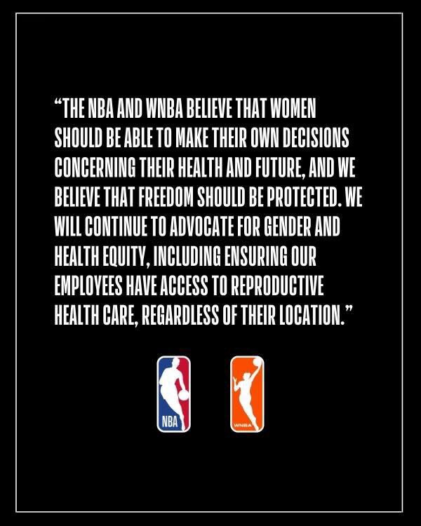 The WNBA firmly believes people have the right to make their own personal decisions regarding their health. We stand in solidarity with those who fear for the repercussions of the Supreme Court decision today and remain committed to our 2022 WNBA season focus on civic engagement.