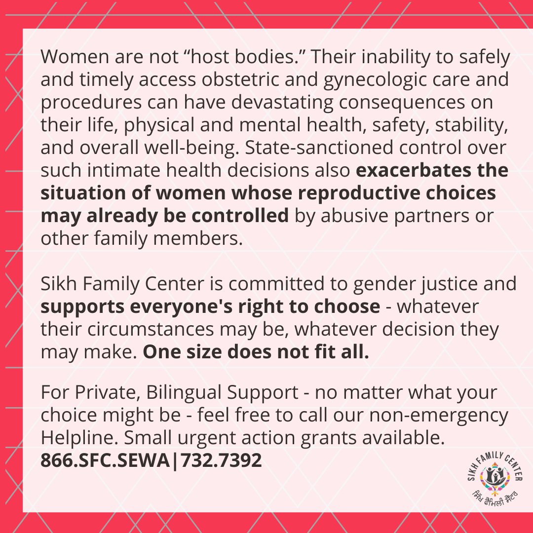 Sikh Family Center stands in solidarity with everyone navigating the scary new reproductive health landscape in the U.S. in light of the new Supreme Court ruling.

Read full statement from Sikh Family Center.

#BodyAutonomy 
#righttochoose   
No #ForcedBirth   
No #forcedabortion