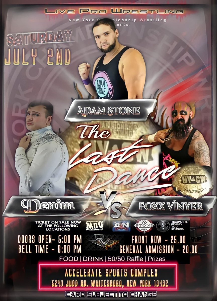 brownpapertickets.com/event/5482194

The NYCW Title is on the line in a Triple Threat! With Foxx Vinyer's reign with Massacre continue to be a nightmare for NYCW or will Hometown favorite Adam Stone finally be able to live his dream! Or will Denim continue to shock the world!