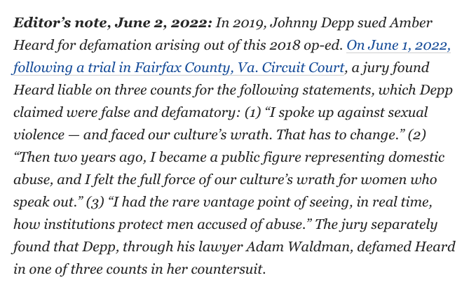 bugmeno77486032's tweet photo. Why is the disclaimer on the #AmberHeard #JohnnyDepp hit piece so very unclear. Does it not suit their narrative to clarify the fact that the Jury found these statements FALSE and DEFAMATORY.  @washingtonpost If you're gonna leave a lie up, at least clarify that it is a lie. https://t.co/DAorL0HlJ2