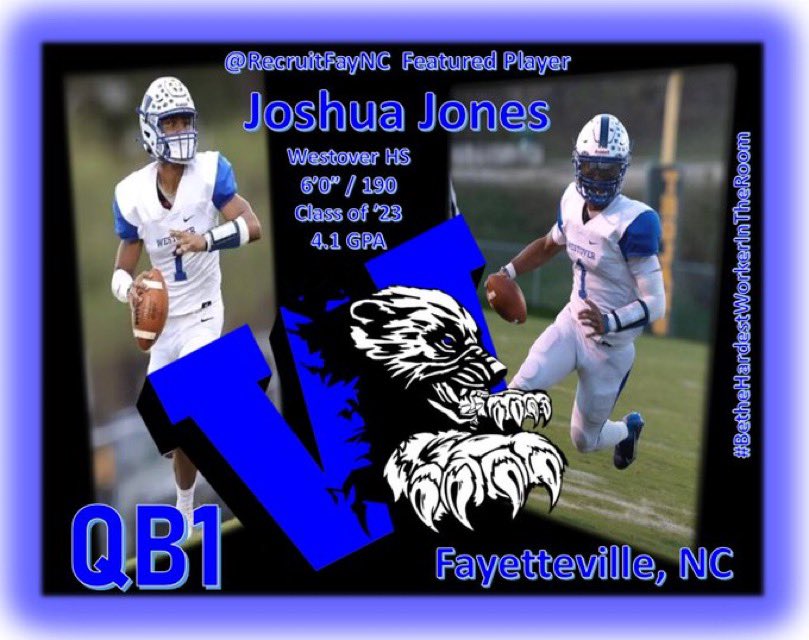 RecruitFayNC's tweet photo. @RecruitFayNC #FeaturedPlayer this week is QB1 Joshua Jones, #1, out of Westover HS here in Fayetteville, NC. Josh says “My head coach, Coach King, and the staff has put a lot of trust in me” and that trust along with his effort has landed him a D1 offer to play at the next level https://t.co/nA1V2vHvqd
