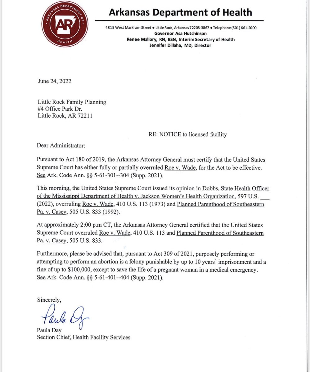 #NEW: Arkansas Department of Health issues notice to state’s abortion clinics warning doctors performing an abortion is a felony punishable by prison and fines. #ARNews #ARpx