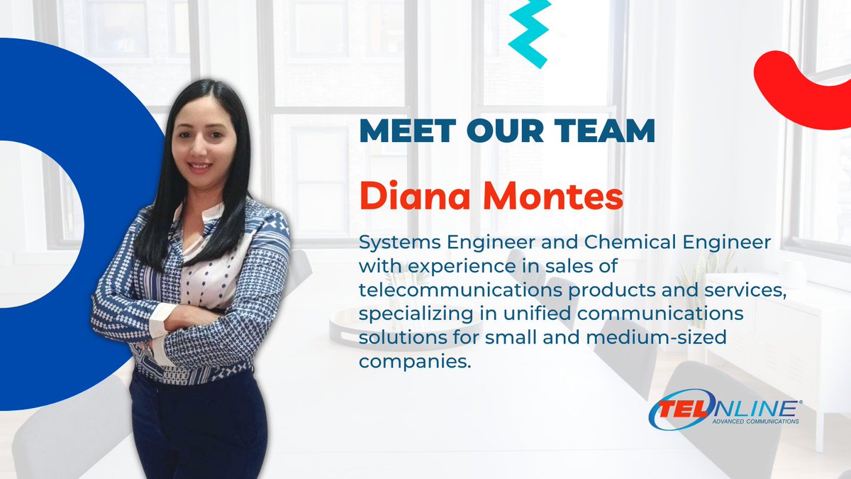 telonline's tweet photo. Meet the #Team 

We are happy to have in our company  Diana Montes, Systems Engineer and Chemical Engineer with experience in sales of telecommunications products and services, specializing in unified communications solutions for small and medium-sized companies. https://t.co/E4U3ubTocV