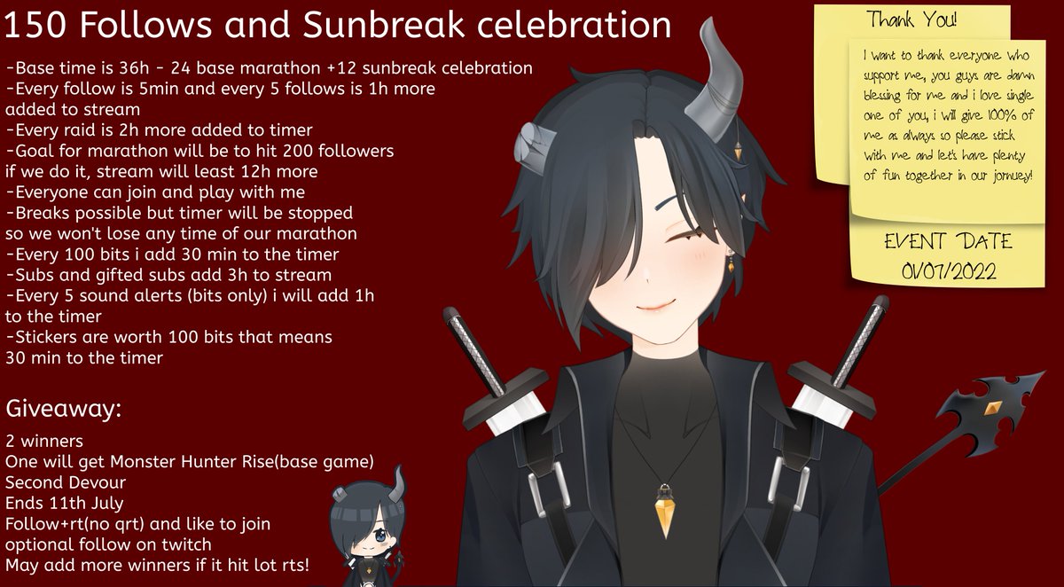 Marathon info and Givaway!
Thank you for 150 on twitch and almost 400 here on bird app cuz of that theres i will be doing those events!
Givaway info in post but:
Follow+rt(no qrt) and like to enter
Optional follow my twitch!
May add more prizes!
#VtuberEN #VtubersUprising