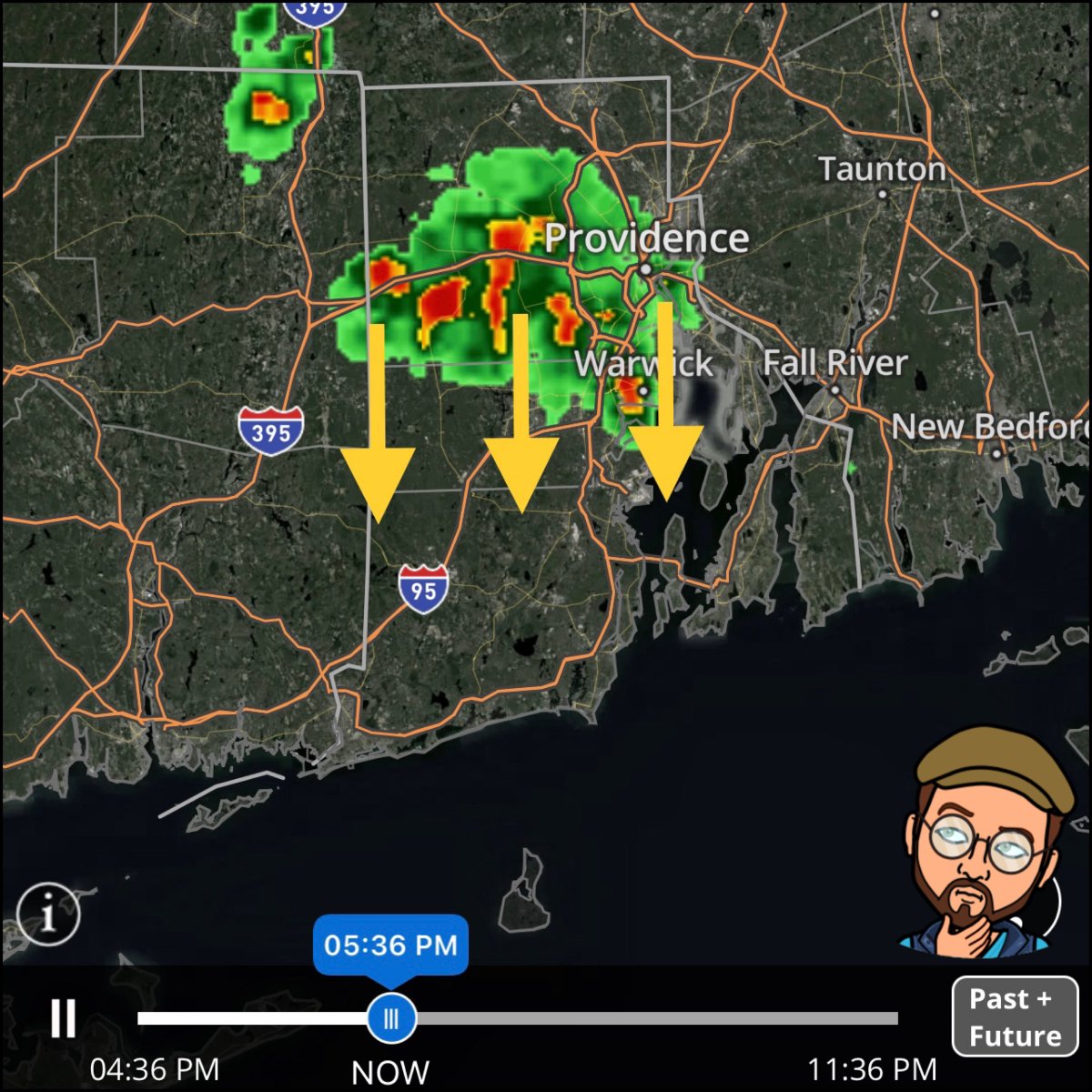 weatherinri's tweet photo. Raining pretty good in a few spots ☔️ Should be a one and done situation for anyone who gets wet 👍 #401wx 🌧 https://t.co/bVkFl2Jo5E