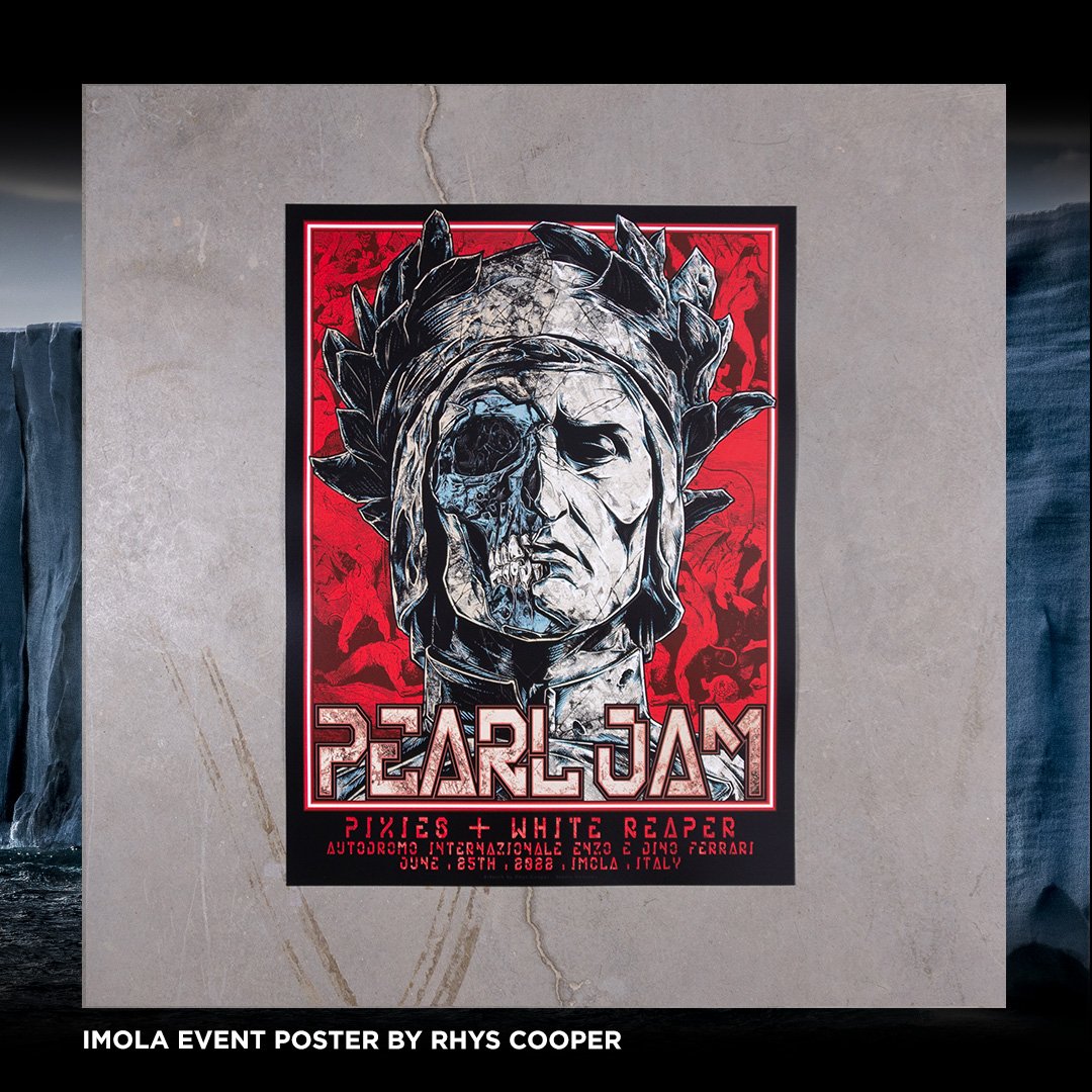 PearlJam's tweet photo. Imola tonight with @PIXIES and @WhiteReaperUSA. Drop a 🤘 if you're catching tonight's show.

Artwork by: Rhys Cooper

The event poster and merch are all available at the merch stand starting at 1pm today. https://t.co/y7NQY96A12