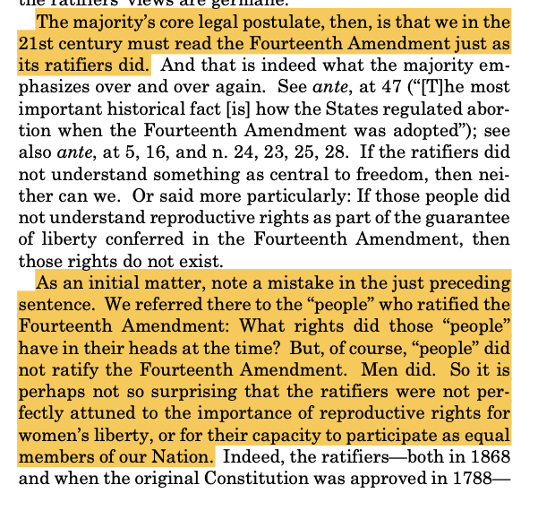 RichardHanania's tweet photo. In their dissent, the liberals in Dobbs say that they don't have to care what the ratifiers of the Fourteenth Amendment thought because they were all men. https://t.co/pWnfKcSb3Y