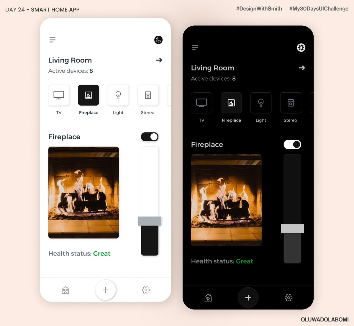 O_Dola_Bee's tweet photo. Day 24 of the Daily UI challenge with Ajagbe Elijah Sola

Today's challenge was to smart home screen for either a web or mobile app (light and dark mode)

Comments are welcomed! Thank you.

I am open to work and collaborations.

#design #ui #DesignWithElijahsmith https://t.co/ZCRvKHNLPA