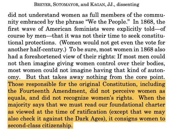 RichardHanania's tweet photo. In their dissent, the liberals in Dobbs say that they don't have to care what the ratifiers of the Fourteenth Amendment thought because they were all men. https://t.co/pWnfKcSb3Y