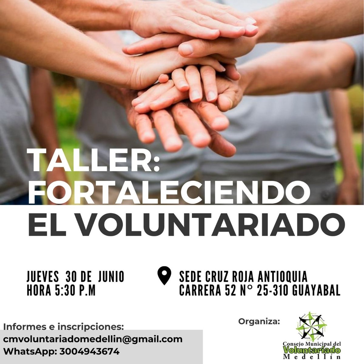 somoscmvm's tweet photo. El taller tiene como objetivo  fortalecer los saberes y destrezas del voluntariado, enfatizando a sensibilizar la importancia del servicio voluntario.

Inscripciones 👉  https://t.co/vFRBUXjBPi

Informes:
cmvoluntariadomedellin@gmail.com
WhatsApp: 3004943674

#SomosCMVM https://t.co/NTtPI7OWT5