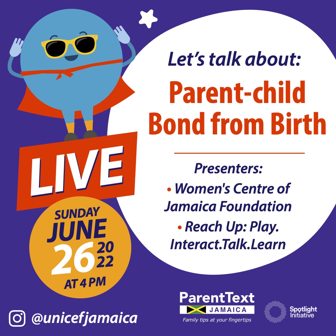 💪🏿Power up your Parenting! 

Join us Sunday at 4pm on our IG for a #ParentText discussion on how to establish a strong parent-child bond from birth ft. <a href="/womenscentreja/">Women's Centre JA</a> and Reach Up! - a programme which highlights the power of playing with your children.
