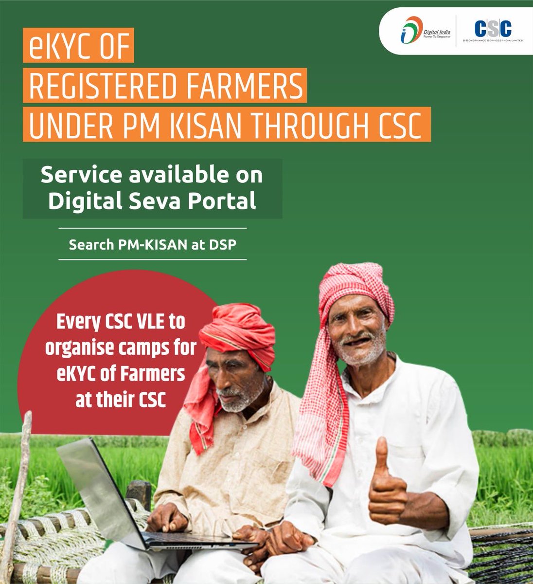 eKYC of Registered Farmers Under PM-KISAN Through CSC...

Service available on Digital Seva Portal...

Every CSC VLE to organize camps for eKYC of Farmers at their #CSC...

#DigitalIndia #RuralEmpowerment #PMKisan #DigitalSavaPortal #SaturdayVibes #SaturdayThoughts