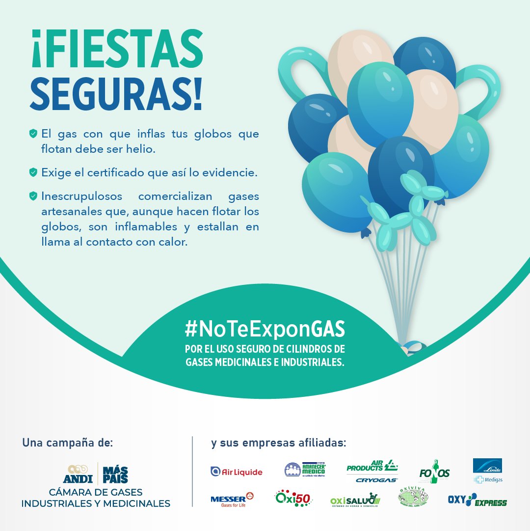GasesANDI's tweet photo. #NoTeExponGAS Por la alegría y seguridad de la fiesta, sigue estos consejos a la hora de inflar los globos decorativos que flotan.
Una campaña #ANDIGases https://t.co/qkOQITlsBQ