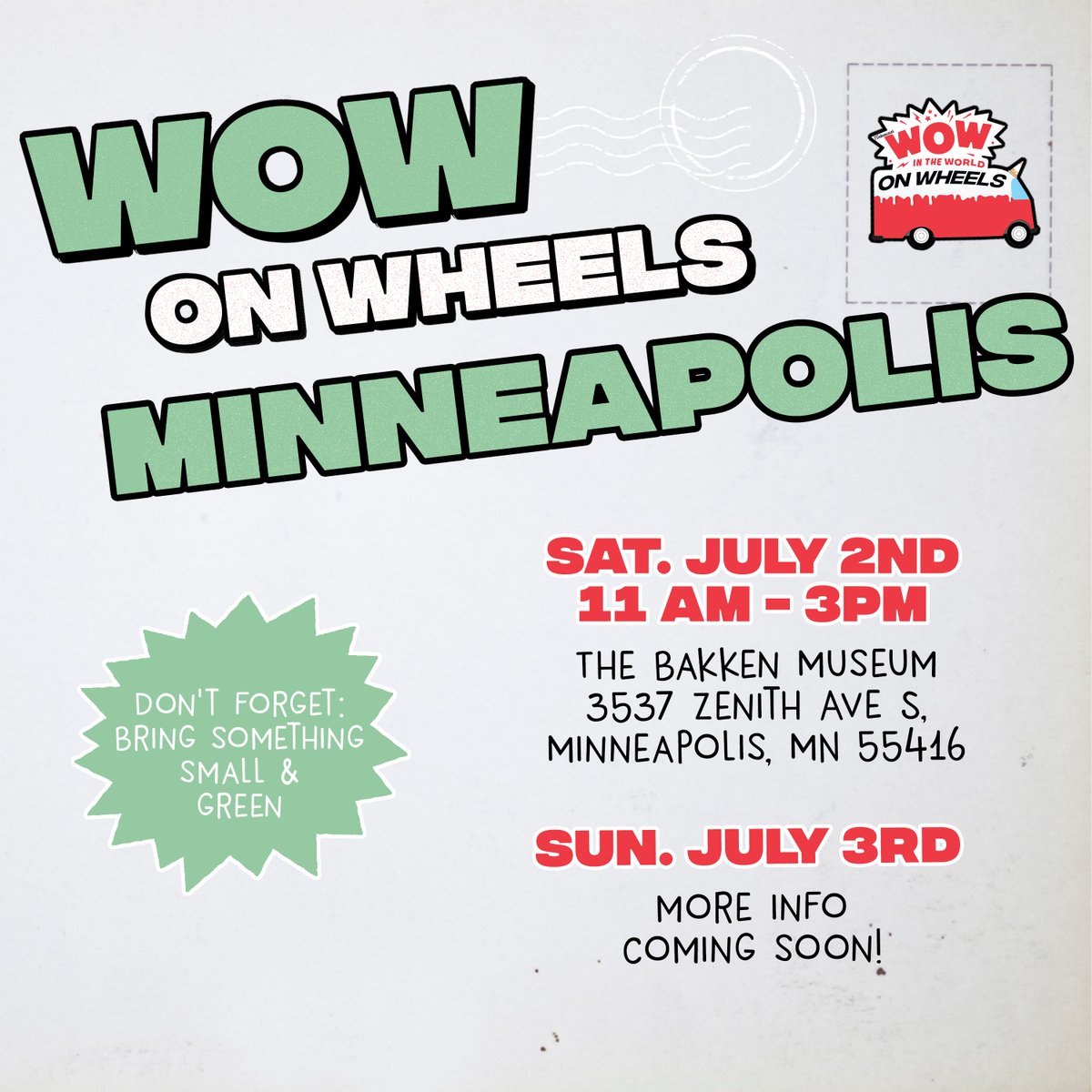 wowintheworld's tweet photo. Hey there #Minneapolis! #WowonWheels is stopping by your town this Fourth of July weekend! We can't wait to see you on 7/2 at @thebakkenmuseum . We'll be back with more information about Sunday's stop soon! #ClifKid @clifkid https://t.co/bUKtthNuVN