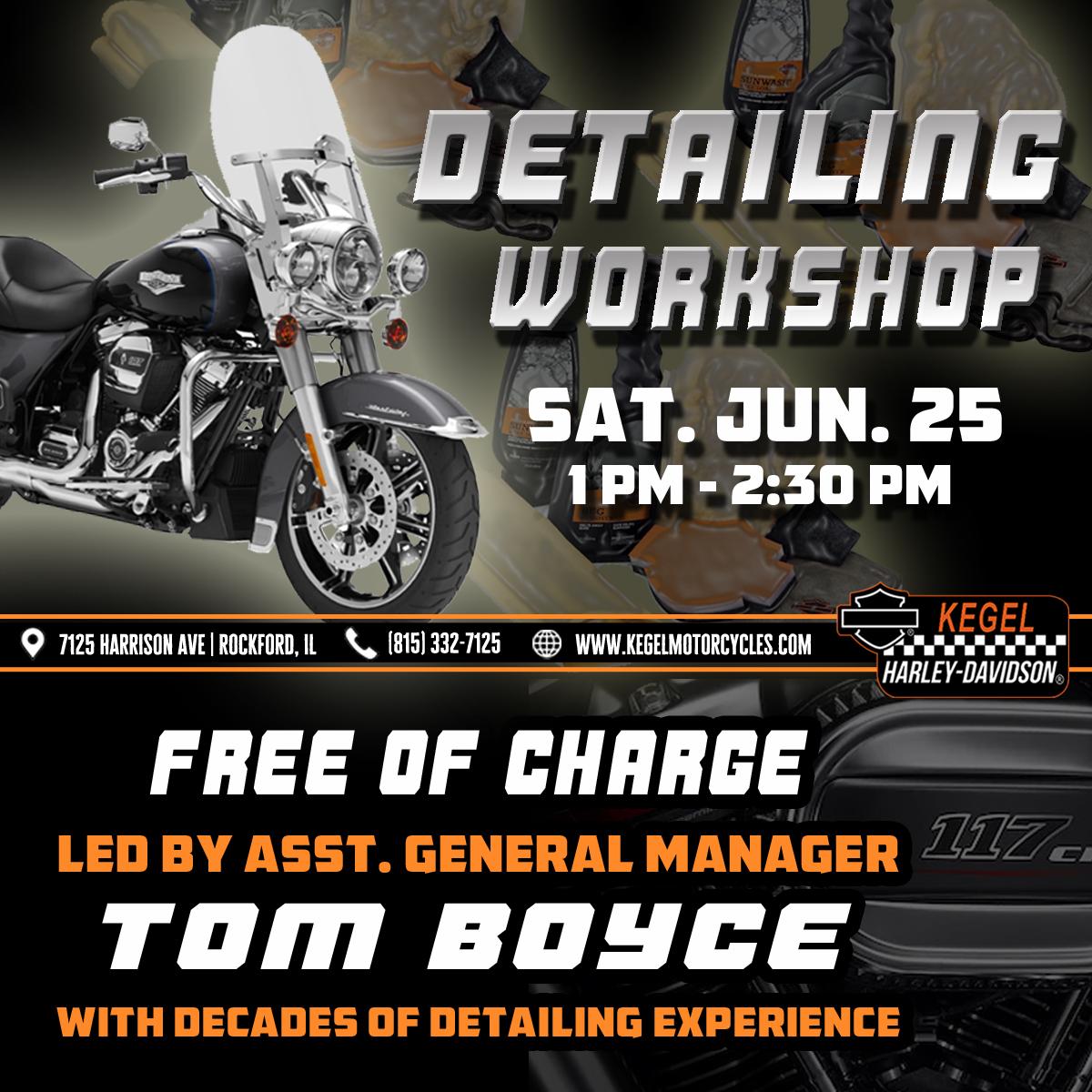 Our Detailing Workshop is TOMORROW!

Join Assistant GM Tom Boyce on Saturday, June 25th for this FREE EVENT as he shares his trade secrets and other tips &amp; tricks for keeping your bike in tip-top shape!

#kegelhd #harleydavidson #harleydavidsonworkshops #detailing #bikedetailing 