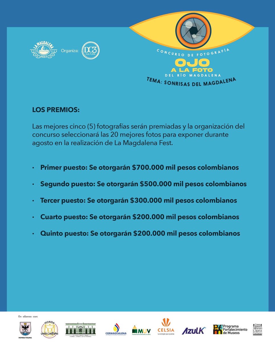 lamagdalenafest's tweet photo. CONCURSO DE FOTOGRAFÍA:
Que siempre haya motivos para mirar al Río y sonreir.Aquí las bases del concurso Ojo a la Foto.
Etiqueta tu amigo que toma las mejores fotos con su celular.
#OjoALaFoto #LMF5
gracias a #Azulk, @Celsia_Energia, @AlcaldiaDeHonda @Cormagdalena https://t.co/Eo7icOUfRp