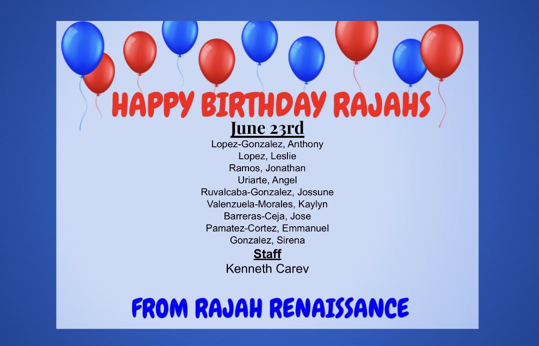 Happy Birthday Rajahs and to our staff for  6/20,6/21,6/22,6/23 !!!! #RajahsRiseAsOne <a href="/J_Renaissance/">Jostens Renaissance</a> @IHSRajahs <a href="/Mrs21Rodriguez/">Monica Rodriguez</a> <a href="/derrickLawson62/">Derrick Lawson</a>