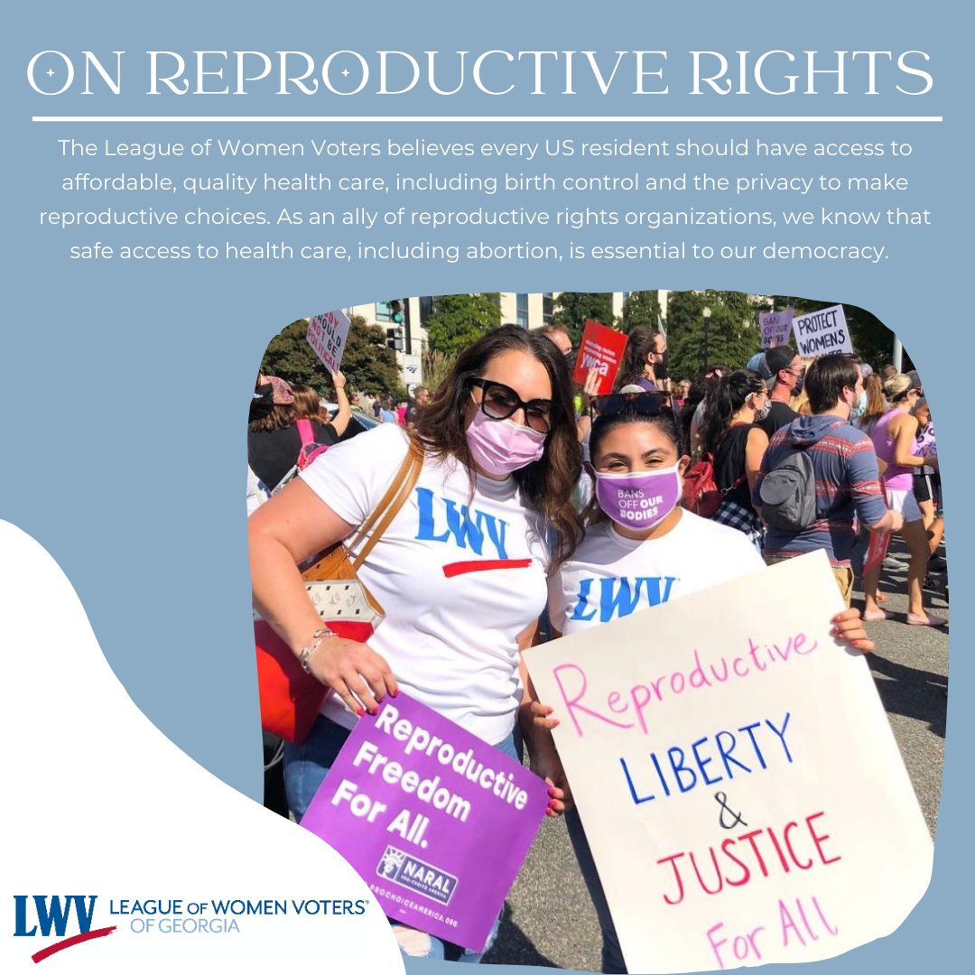 LWVGA's tweet photo. The League affirms the right of all people in our country to make their own reproductive choices. 

The LWVGA Board of Directors stands in solidarity with our partners in the reproductive justice movement.

#LWVGA #LWW #ReproductiveRights #advocacy https://t.co/xte2sxj5xh