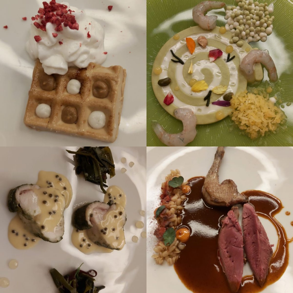 Waffle de foie con espuma de coco. Espiral de ajo blanco y verde. Rape negro con algas y muselina con caviar (¡el punto del rape!). Pichón con mole, brutal. En <a href="/abarra_res/">Restaurante A' Barra</a>