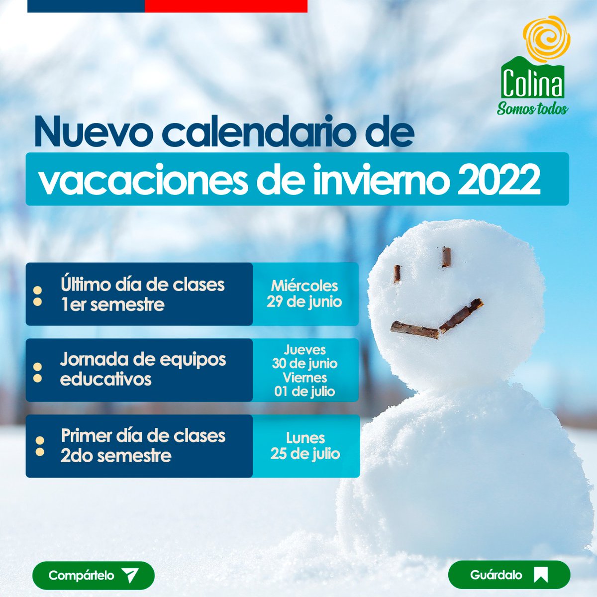 MuniColina's tweet photo. VACACIONES DE INVIERNO SE ADELANTAN UNA SEMANA

Debido al aumento de enfermedades respiratorias, el 
@ministeriosalud junto al @Mineduc informaron que se adelantarán las vacaciones de invierno 2022.

#ColinaSomosTodos https://t.co/5TVn2gxOX4