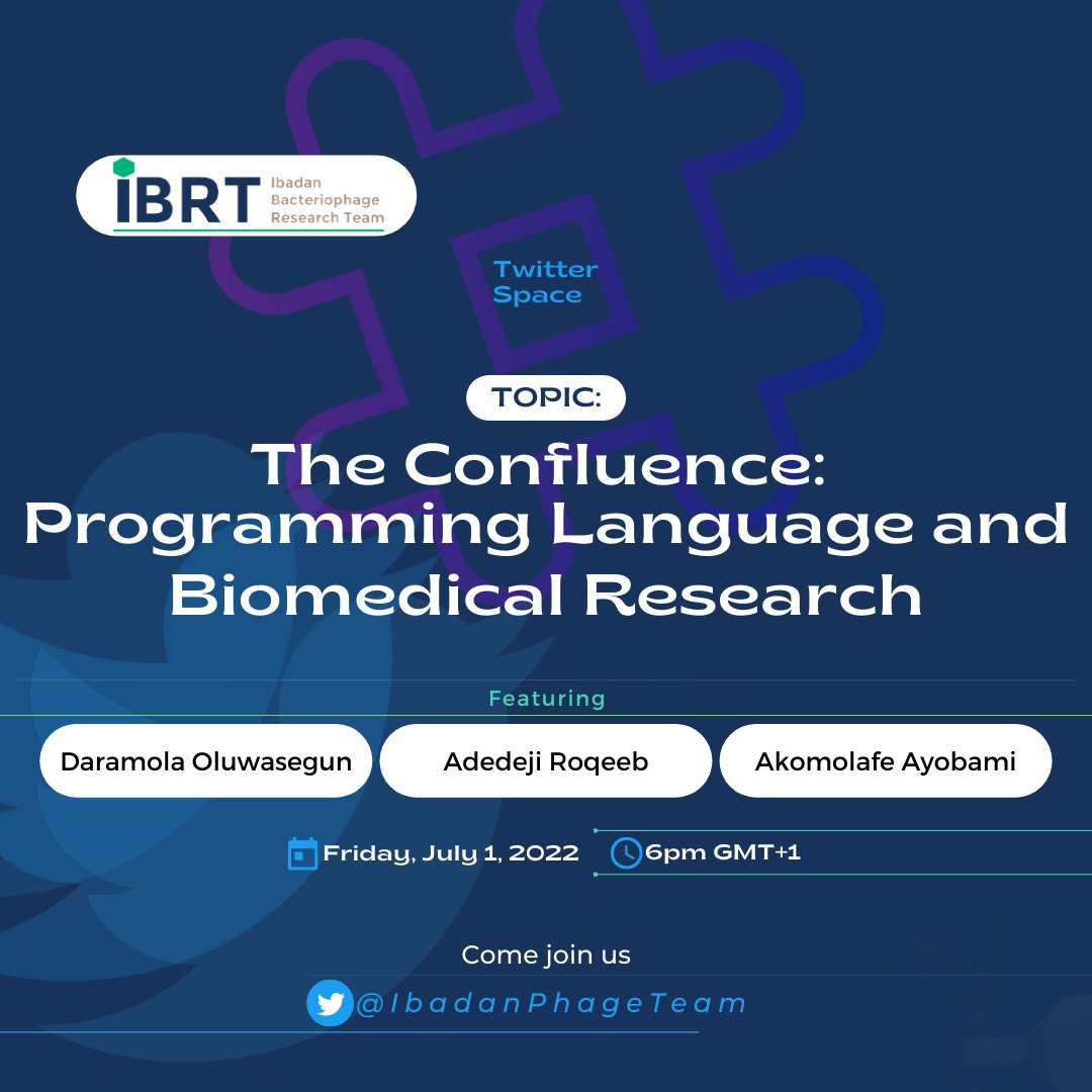 IbadanPhageTeam's tweet photo. IBRT is organizing a 2nd Space session next Friday, titled: 
The Confluence: Programming languages &amp; Biomedical Research
 
We'll be here to discuss how we've applied Python, R, Bash, CMD, etc to biomedical research &amp; have you jump in also.
Set a reminder: https://t.co/iC8337r3td https://t.co/Pkc4cVS8Ip