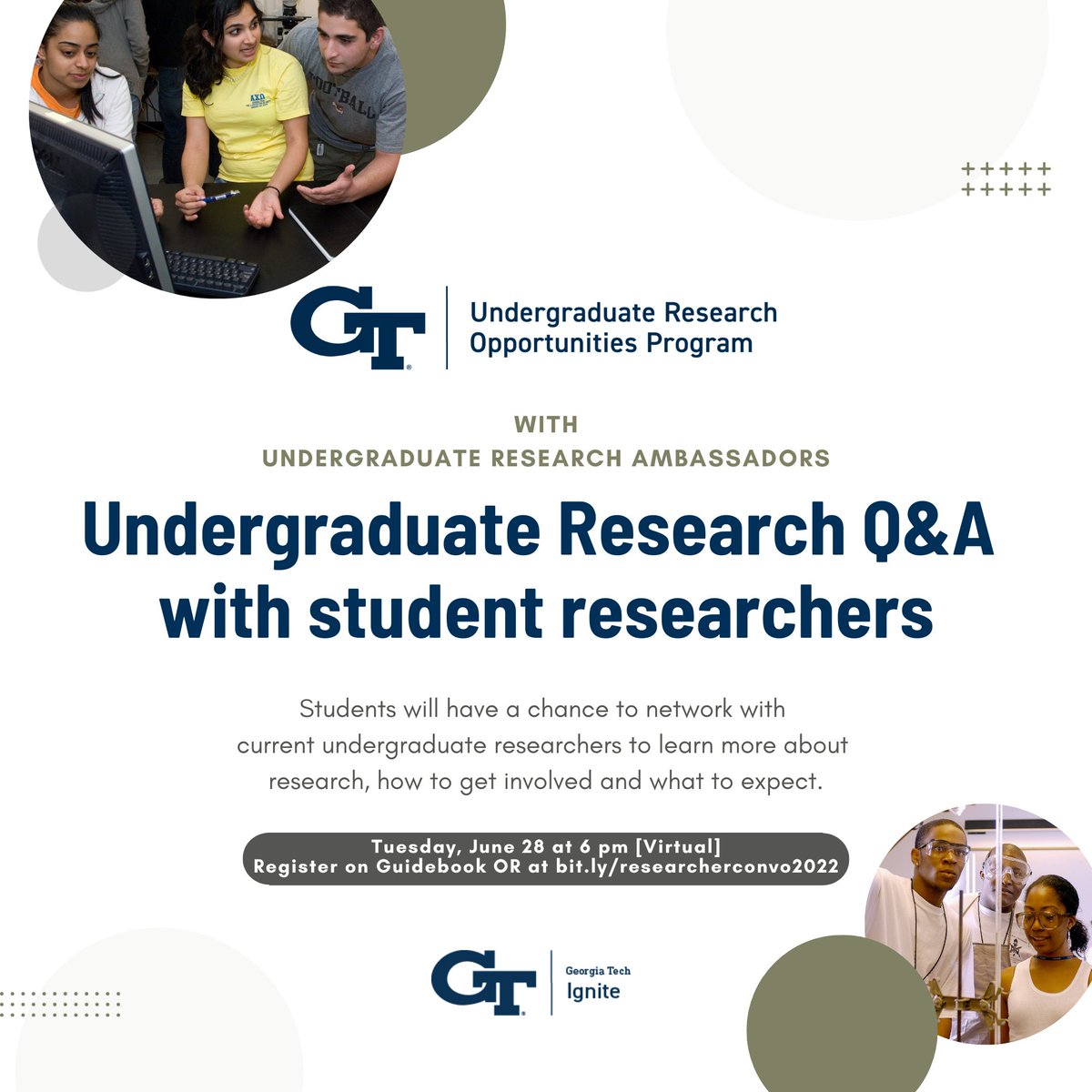 GaTechCAE's tweet photo. Join us for the Undergraduate Research Q&amp;A with current student researchers on June 28 at 6 pm (virtual). Students will have a chance to network with undergraduate researchers to learn more about research &amp; getting involved. Register on Guidebook OR https://t.co/mOb6CjrAcv https://t.co/iEHM4QZuxI