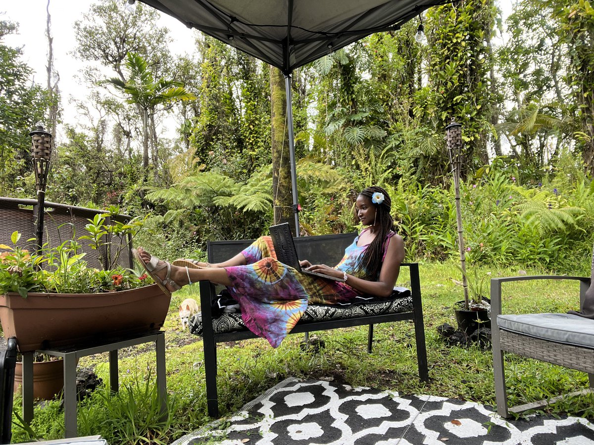 Lyndsey360's tweet photo. Ellie’s loving this #TakeYourDogToWorkDay 
🐶🌴😆
#remotework #devlife #rainforest #hawaii #womenwhocode #dogswhocode #takeyourpettoworkweek https://t.co/ZL3RrsueTV