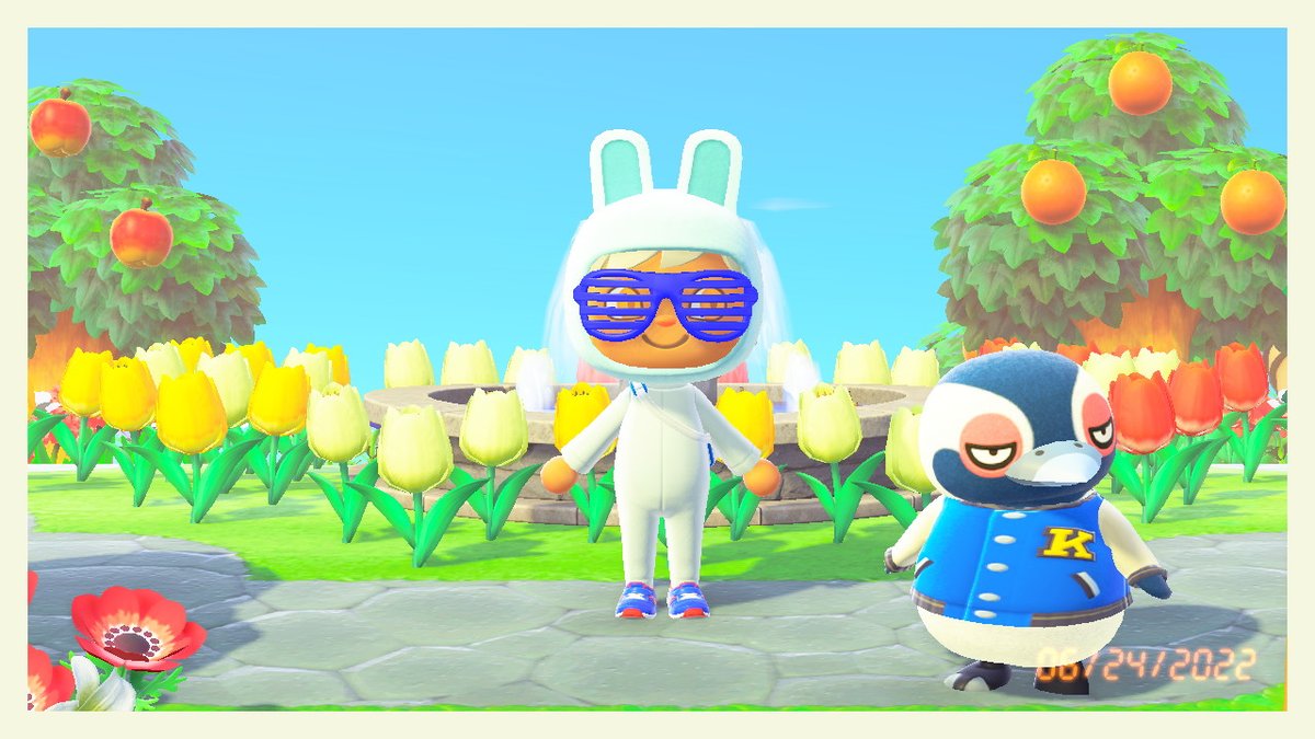 scurredycat's tweet photo. new menace in town and he's wearing a bunny onesie and scaring the locals #AnimalCrossing #ACNH #NintendoSwitch https://t.co/eH7iPHz8wC